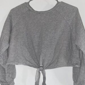Women grey cute long sleeve crop top shirt striped sleeves grunge blouse